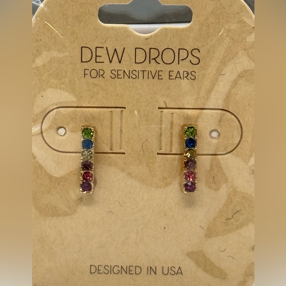 Dew Drops Multicolor Rhinestone Bar, Set in Gold Tone Post Earrings - Picture 2 of 6